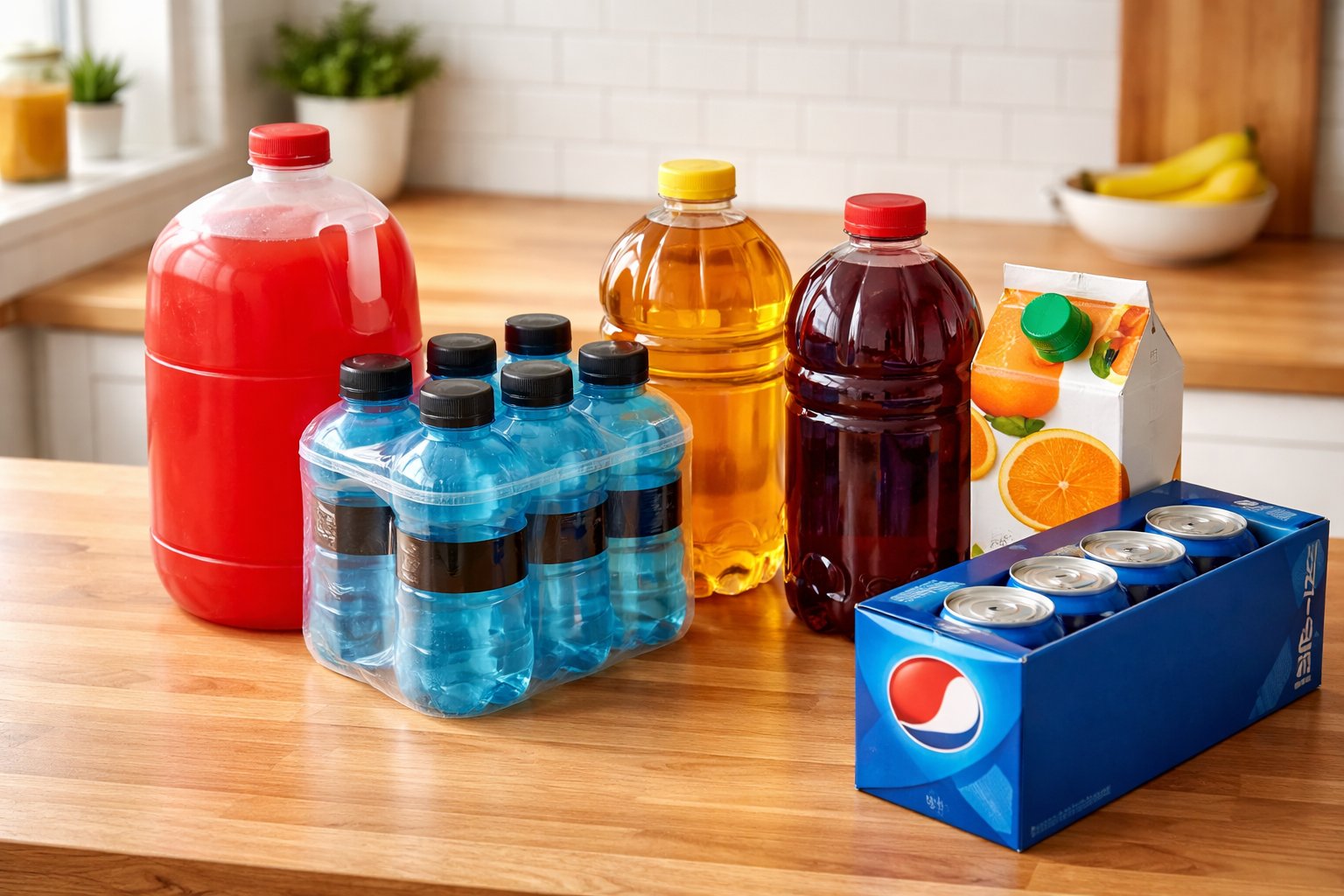Best value drinks on Amazon — Hawaiian Punch, POWERADE, apple juice, cranberry juice, Tropicana OJ, and Pepsi arranged on a kitchen counter
